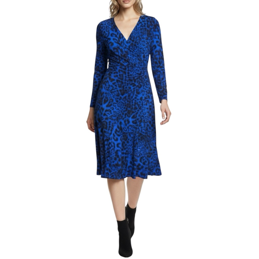 Michael Kors Blue Black Leopard Animal Print Stretchy Midi Dress Size S